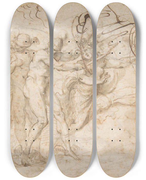 Triptych art skateboard deck of Annibale Carracci Perseus Beheading Medusa by Annibale Carracci (1560-1609)