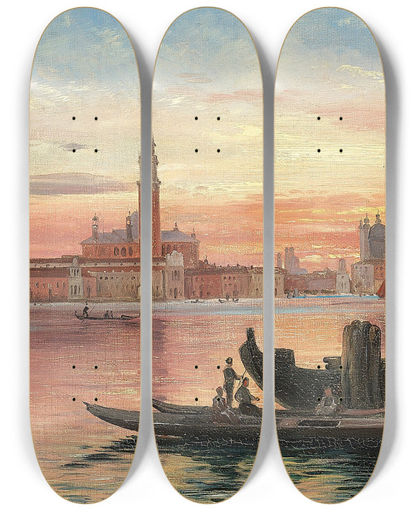 Triptych art skateboard deck of Carl Frederik Aagaard Venedig I Solnedgangen by Carl Frederik Aagaard (1833-1895)