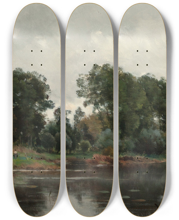 Triptych art skateboard deck of Adrien Jacques Sauzay A Village On The River by Adrien Jacques Sauzay (1841-1928)