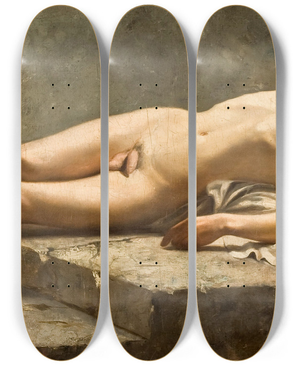 Triptych art skateboard deck of Carlos Bacaflor Reclining Nude by Carlos Baca-Flor (1869-1941)