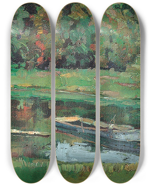 Triptych art skateboard deck of Hiasl Maiererding Alter Kahn Am Ufer by Hiasl Maier-Erding (1894-1933)
