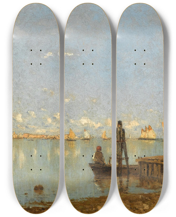 Triptych art skateboard deck of Guglielmo Ciardi Lagune by Guglielmo Ciardi (1842-1917)