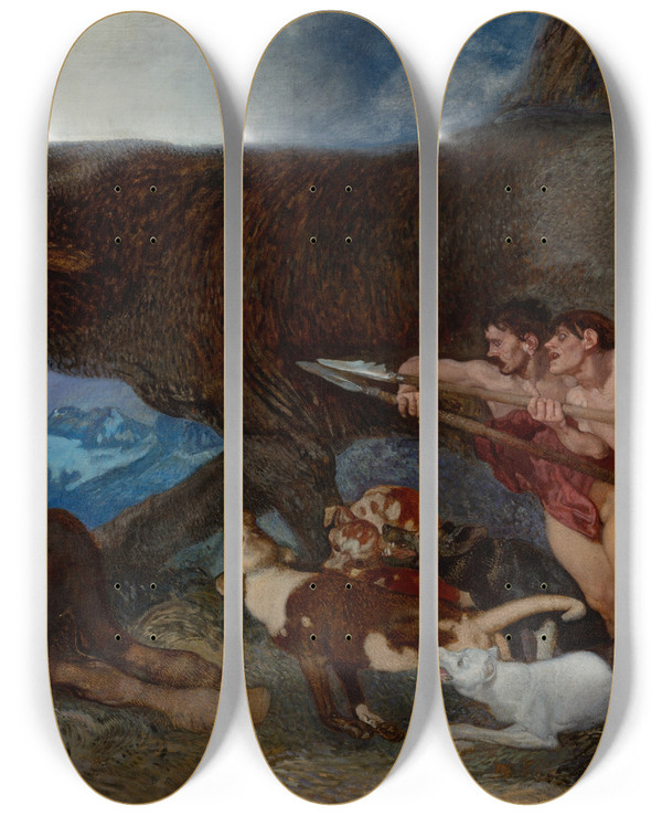 Triptych art skateboard deck of Rudolf Jettmar Fighting With A Monster by Rudolf Jettmar (1869-1939)