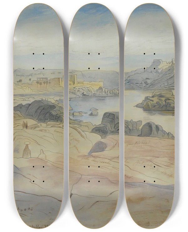 Triptych art skateboard deck of Edward Lear Philae Egypt_2 by Edward Lear (1812-1888)