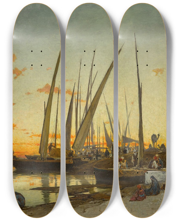 Triptych art skateboard deck of Hermann David Salomon Corrodi Feluccas On The Nile by Hermann David Salomon Corrodi (1844-1905)