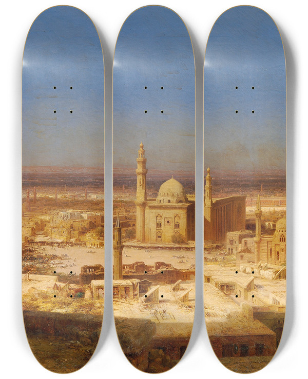 Triptych art skateboard deck of Bernhard Fiedler Ansicht Von Kairo by Bernhard Fiedler (1816-1904)