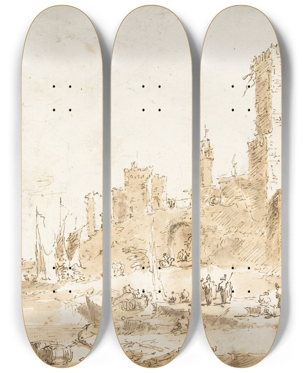 Triptych art skateboard deck of Francesco Guardi Capriccio With A Seaport And Classical Ruins by Francesco Guardi (1712-1793)