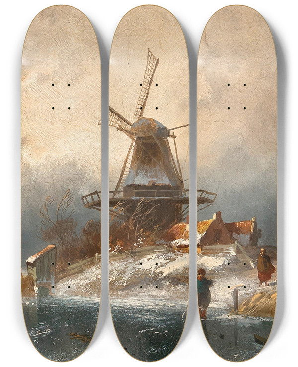 Triptych art skateboard deck of Charles Leickert A Winter Landscape With Ice Skaters by Charles Leickert (1816-1907)