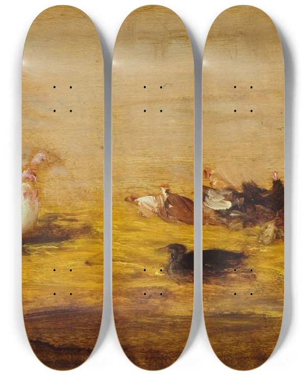 Triptych art skateboard deck of Flix Ziem Les Dindons by Felix Ziem (1821-1911)