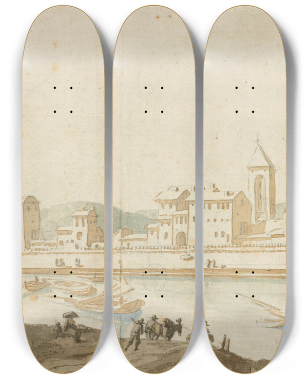 Triptych art skateboard deck of Pieter Moninckx View Of Civitavecchia With The Harbor Wall by Pieter Moninckx (1606-1686)