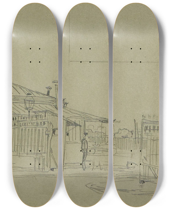 Triptych art skateboard deck of Frdric Houbron Barrire De Paris Et Pavillon Doctroi by Frederic Houbron (1851-1908)
