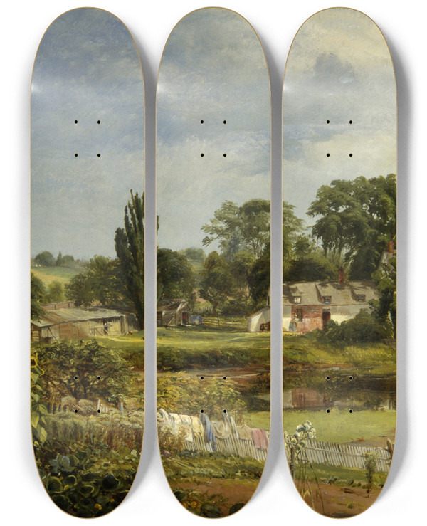 Triptych art skateboard deck of Andrew W Warren Long Island Homestead Study From Nature_2 by Andrew W Warren (1823-1873)
