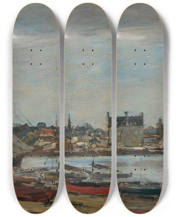 Triptych art skateboard deck of Eugne Boudin Paimpol Port Et Ville by Eugene Boudin (1824-1898)