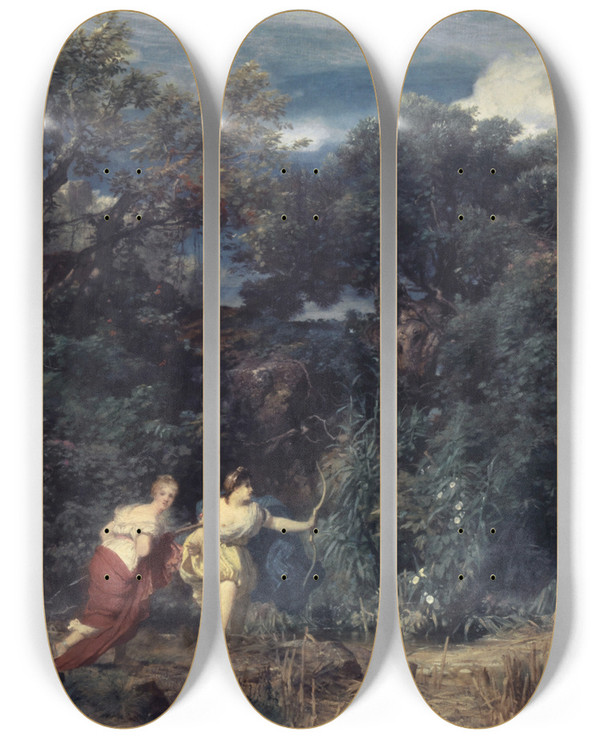 Triptych art skateboard deck of Arnold Bcklin Dianas Hunt by Arnold Bocklin (1827-1901)