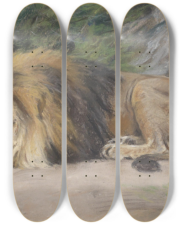 Triptych art skateboard deck of Geza Vastagh Reclining Lion by Geza Vastagh (1866-1919)