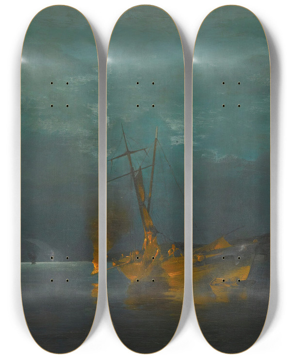 Triptych art skateboard deck of Constantinos Volanakis Pyrophani Firefishing by Konstantinos Volanakis (1837-1907)