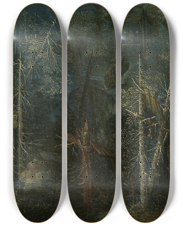 Triptych art skateboard deck of Pieter Stevens Forest Landscape With Hermitage by Pieter Stevens (1567-1624)