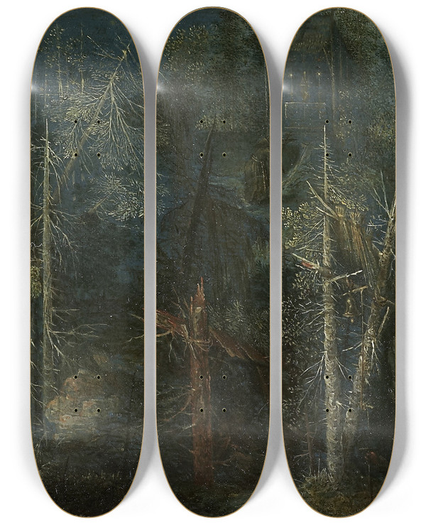 Triptych art skateboard deck of Pieter Stevens Woodland Scenery With Hermitage by Pieter Stevens (1567-1624)