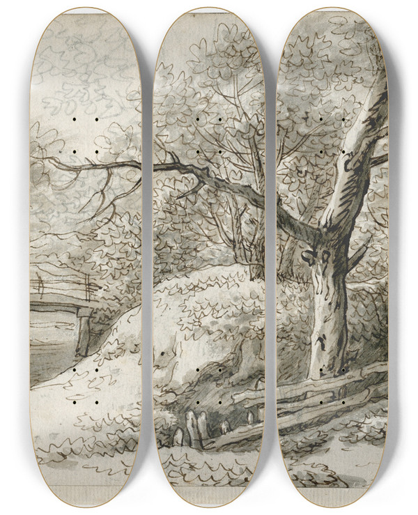 Triptych art skateboard deck of Barend Hendrik Thier Bosweg Langs Een Beek by Barend Hendrik Thier (1751-1814)
