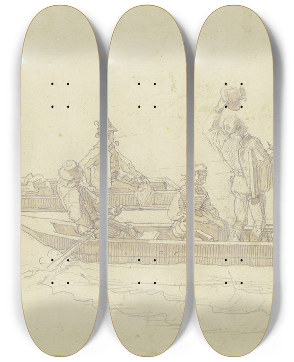 Triptych art skateboard deck of Alfred Rethel Tyroleans In Einbaumen by Alfred Rethel (1816-1859)