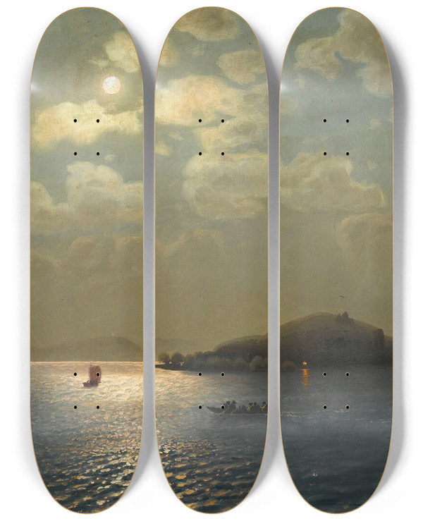 Triptych art skateboard deck of Georgy Zakharovich Bashinzhagyan Lake Sevan In Moonlight by Georgy Zakharovich Bashinzhagyan (1857-1925)