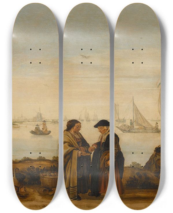 Triptych art skateboard deck of Arent Arentsz Cabel Rivierlandschap Met Handlezende Vrouwen by Arent Arentsz Cabel (1585-1631)