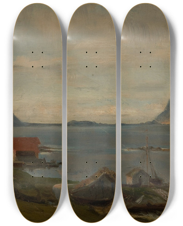 Triptych art skateboard deck of Amaldus Nielsen Fra Flor by Amaldus Nielsen (1838-1932)