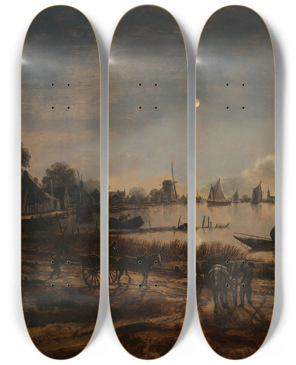 Triptych art skateboard deck of Aert Van Der Neer River View By Moonlight by Aert van der Neer (1603-1677)