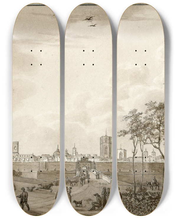Triptych art skateboard deck of Otto Howen Gezicht Op Valencia_2 by Otto Howen (1774-1848)