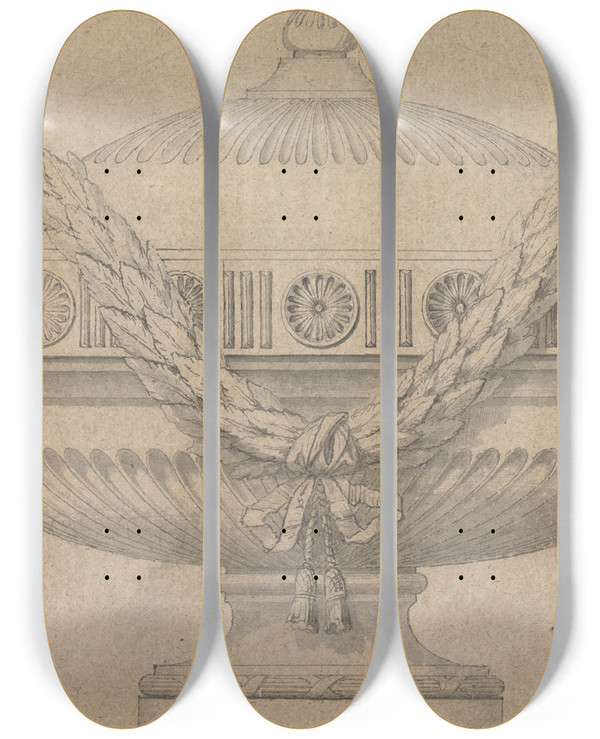 Triptych art skateboard deck of Joseph Wilton Design For An Urn_1 by Joseph Wilton (1722-1803)