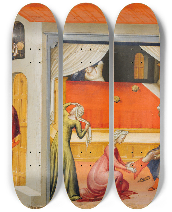 Triptych art skateboard deck of Bicci Di Lorenzo Saint Nicholas Providing Dowries by Bicci Di Lorenzo (1373-1452)