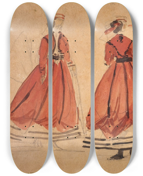 Triptych art skateboard deck of Eugne Boudin Etude De Costumes by Eugene Boudin (1824-1898)