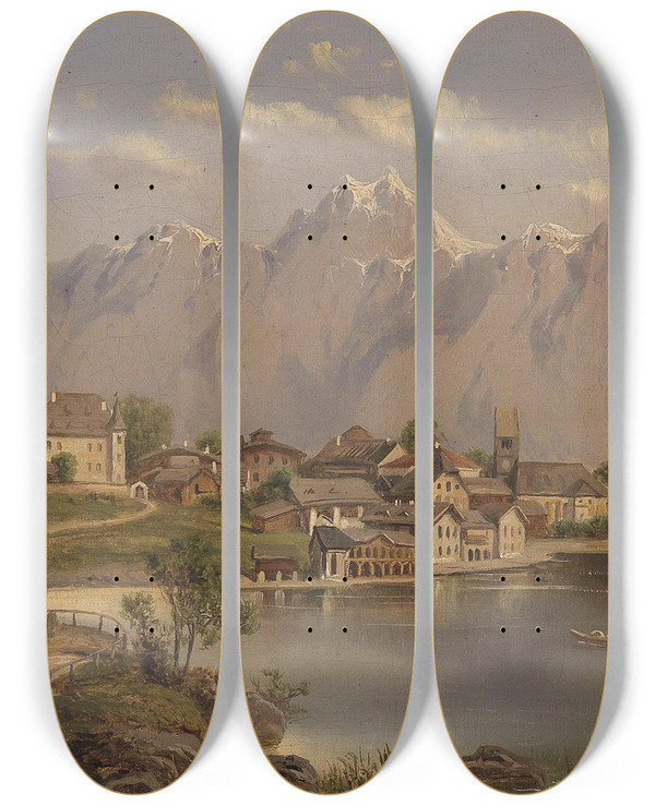 Triptych art skateboard deck of Edmund Hd Blick Auf Zell Am See by Edmund Hod (1861-1888)