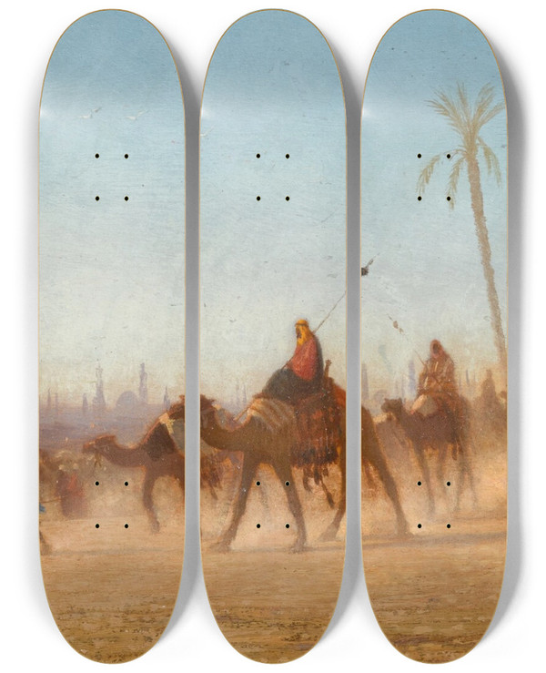 Triptych art skateboard deck of Charles Thodore Frre A Camel Caravan by Charles Theodore Frere (1814-1888)