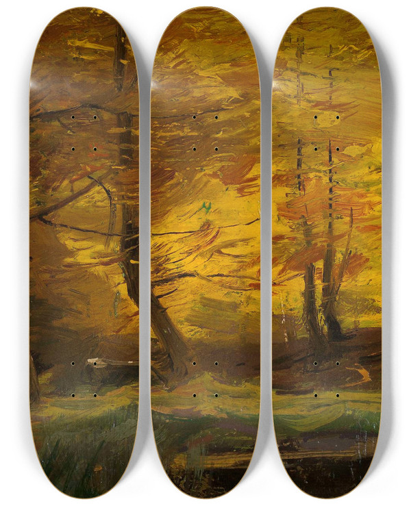 Triptych art skateboard deck of Roman Kazimierz Kochanowski Forest Landscape by Roman Kazimierz Kochanowski (1857-1945)