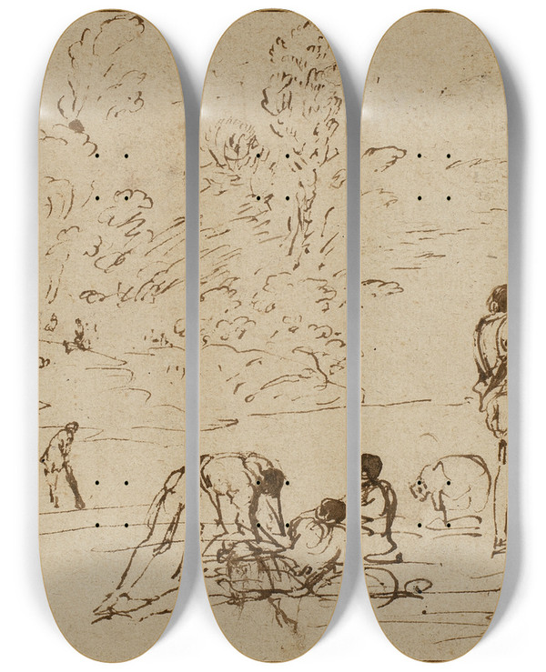 Triptych art skateboard deck of Agostino Tassi Group Of Figures By A River by Agostino Tassi (1578-1644)