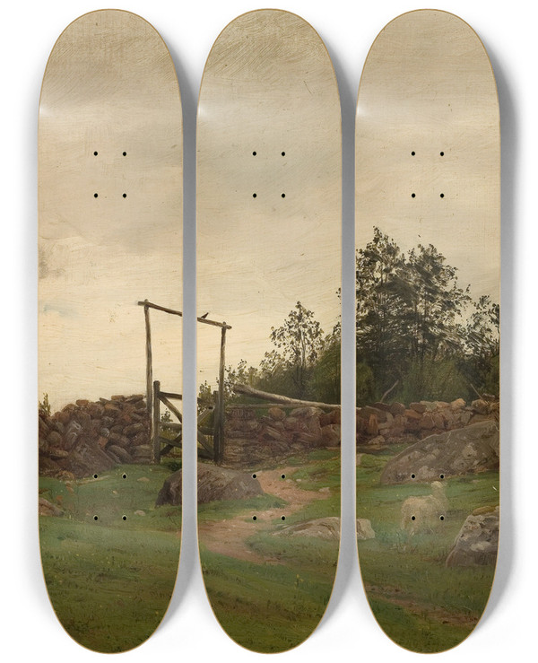 Triptych art skateboard deck of Amaldus Nielsen Utmark Lve Hardanger by Amaldus Nielsen (1838-1932)