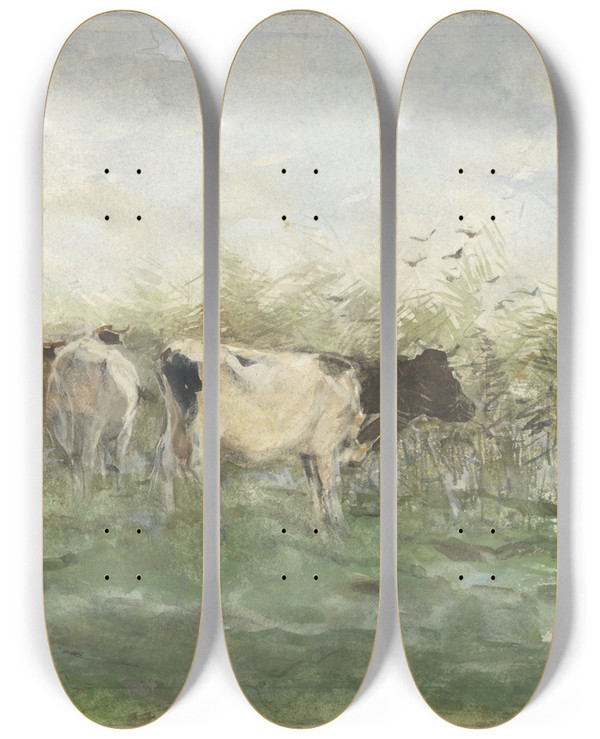 Triptych art skateboard deck of Willem Maris Koeien Bij Een Plas by Willem Maris (1844-1910)