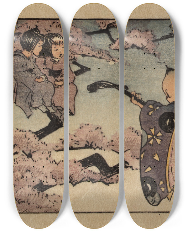 Triptych art skateboard deck of Helen Hyde A Roundelay by Helen Hyde (1868-1919)