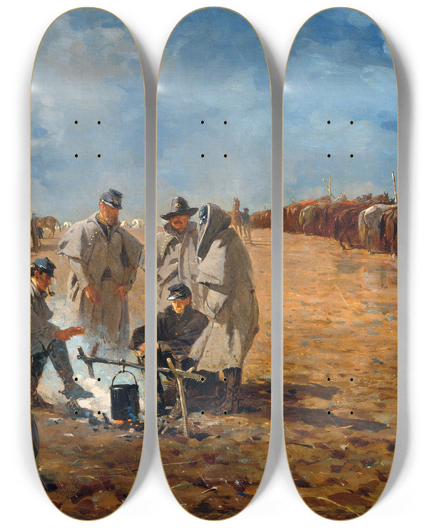 Triptych art skateboard deck of Winslow Homer Rainy Day In Camp by Winslow Homer (1836-1910)