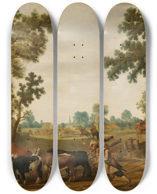 Triptych art skateboard deck of Gerrit Claesz Bleker A Raid On A Village by Gerrit Claesz Bleker (1592-1656)