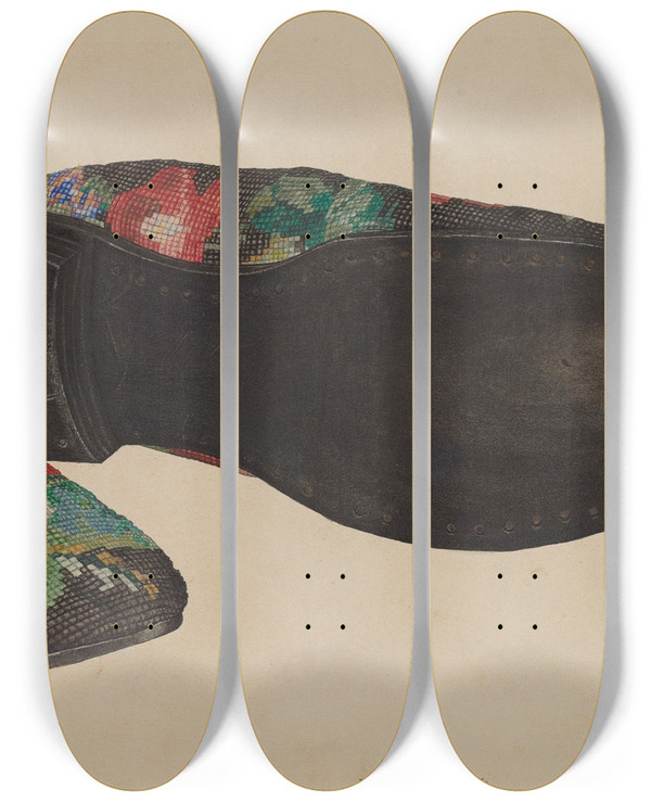Triptych art skateboard deck of Leroy Griffith Needlepoint Slippers by Leroy Griffith