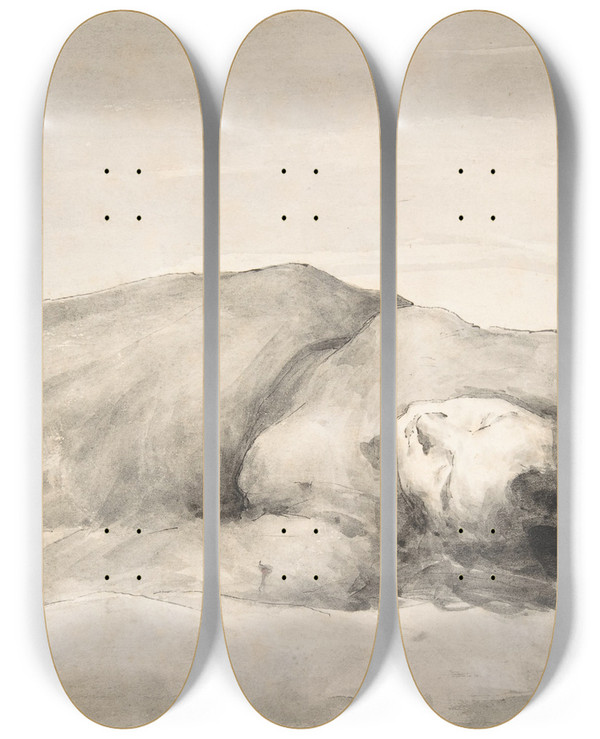 Triptych art skateboard deck of Thodule Ribot War Scene A Female Casualty by Theodule Ribot (1823-1891)