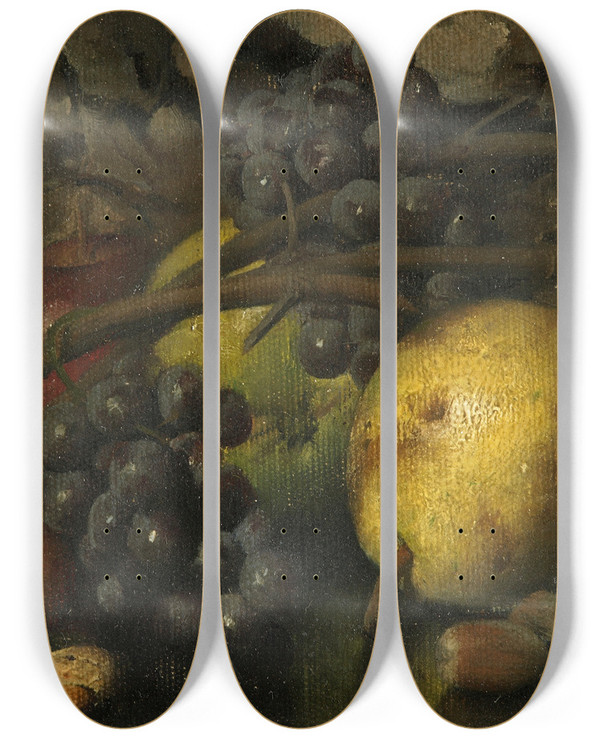 Triptych art skateboard deck of Carducius Ream Still Life With Fruit by Carducius Ream