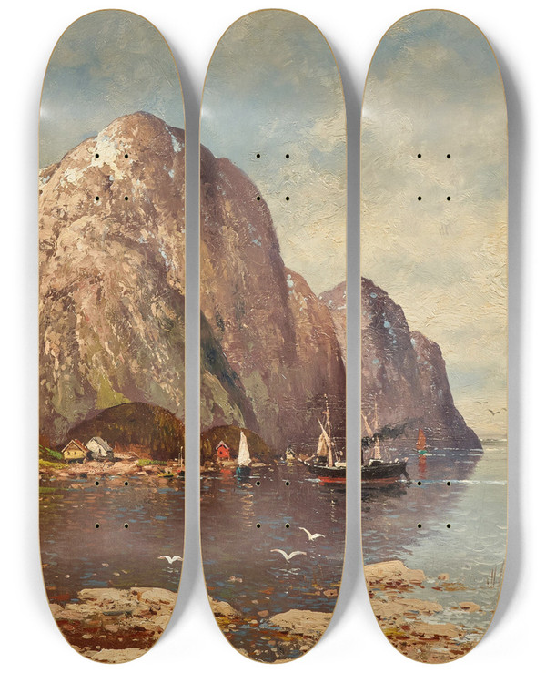 Triptych art skateboard deck of Olaf Petersen A Fjord by Olaf Petersen (19-)