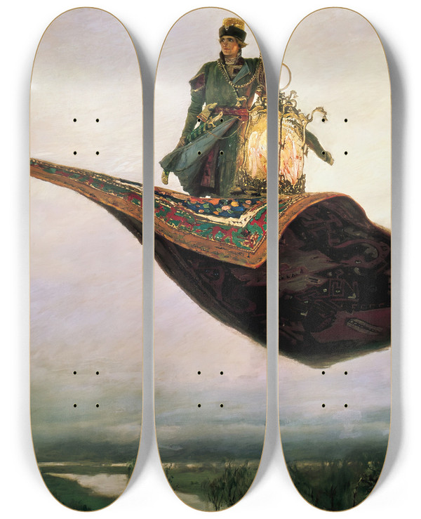 Triptych art skateboard deck of Victor Mikhailovich Vasnetsov The Flying Carpet by Victor Mikhailovich Vasnetsov (1848-1926)
