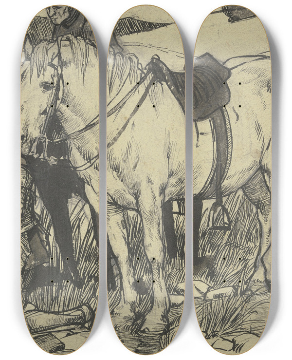 Triptych art skateboard deck of Fritz Boehle Kneeling Knight At The Well by Fritz Boehle (1873-1916)