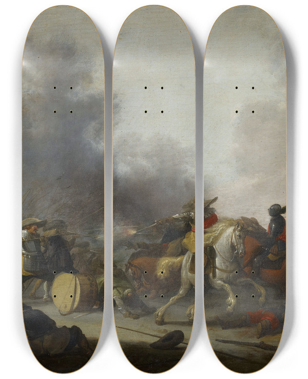 Triptych art skateboard deck of Anthonie Palamedesz A Battle Scene by Anthonie Palamedesz (1601-1673)