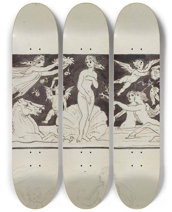 Triptych art skateboard deck of Moritz Von Schwind Geburt Der Aphrodite by Moritz Von Schwind (1804-1871)