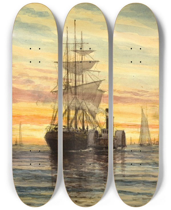 Triptych art skateboard deck of Thomas Moran Harbor Scene by Thomas Moran (1837-1926)